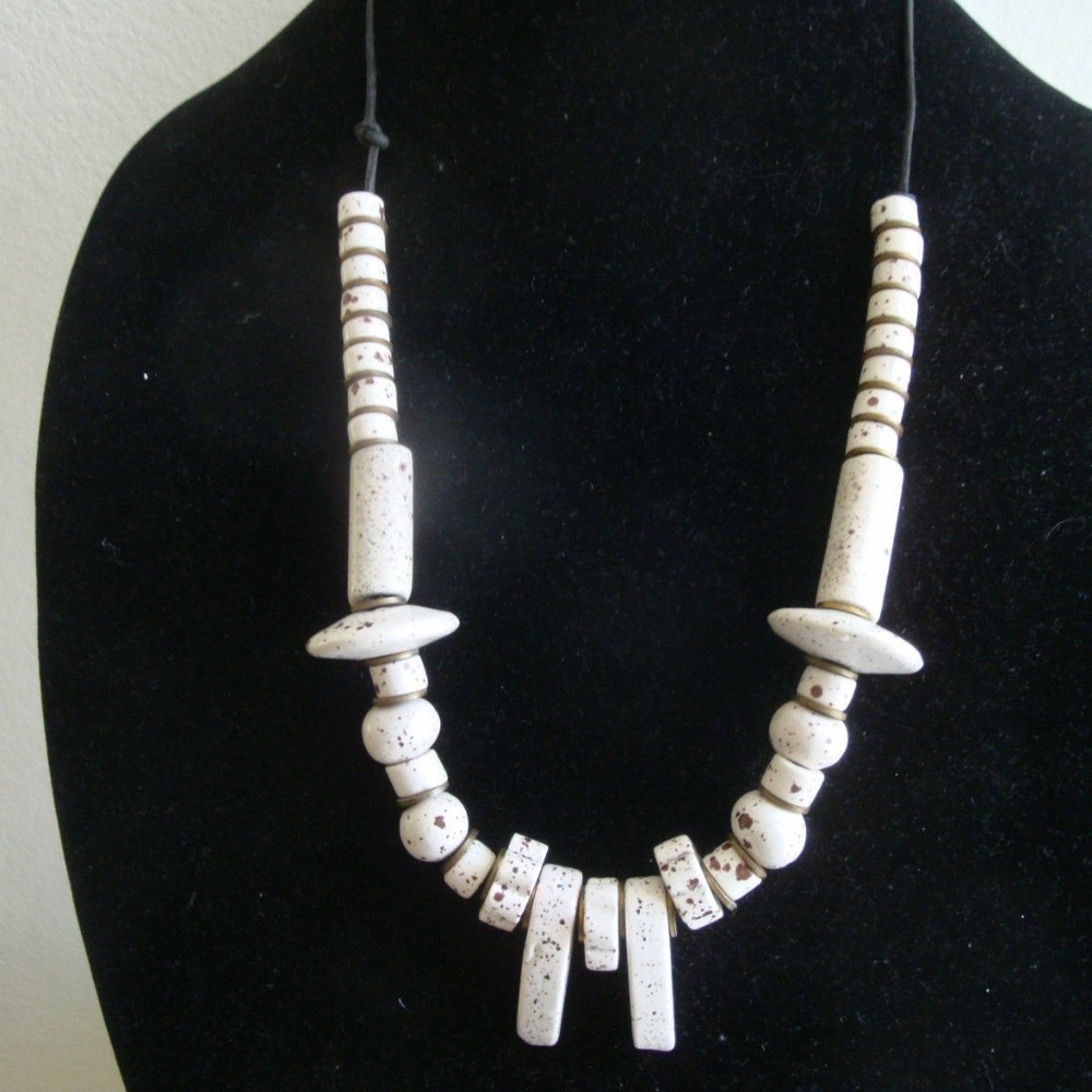 Bundle 2  Grecian Vintage Necklace Greek Ceramic Beads White w Brown Specks